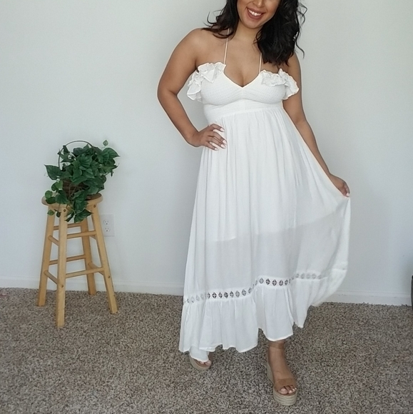 DOVES AND ROSES WHITE RUFFLE SMOCKED MIDI DRESS - Picture 12 of 16